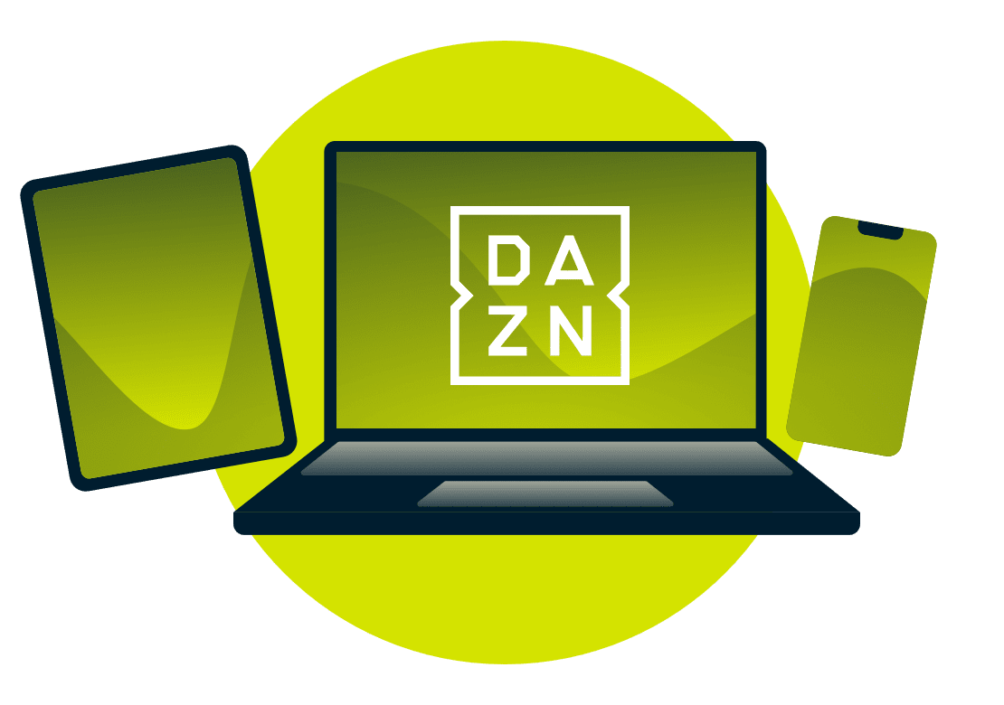 En b&aelig;rbar computer, en tablet og en telefon med DAZN-logoet.